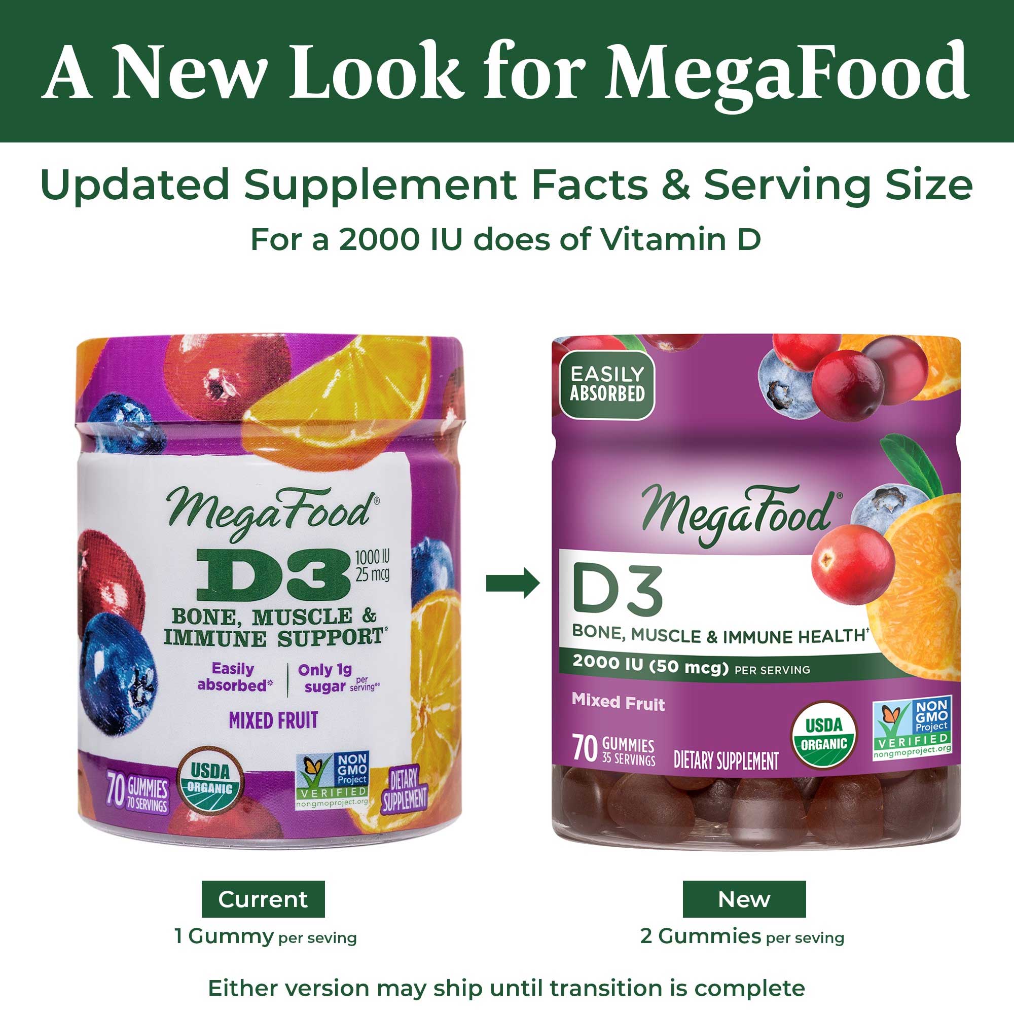 MegaFood D3 2000 IU (Formerly 1000 IU) Wellness Mixed Fruit Gummies New Look