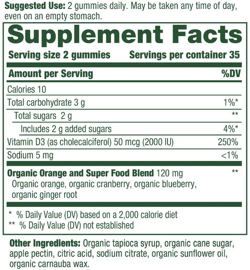 MegaFood D3 2000 IU (Formerly 1000 IU) Wellness Mixed Fruit Gummies Ingredients