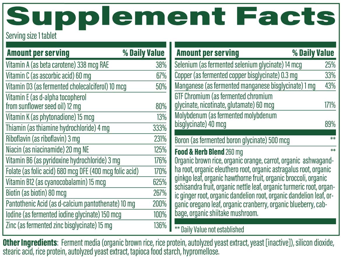 MegaFood Men's 40+ One Daily Multivitamin (Formerly Men Over 40 One Daily) Ingredients