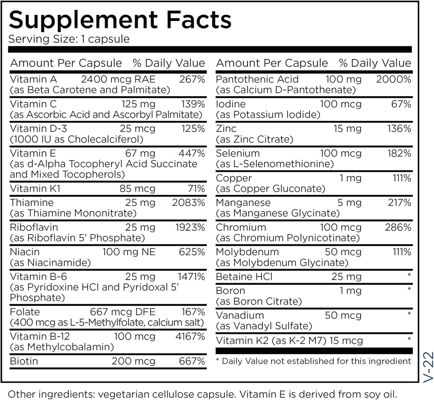 Metabolic Maintenance The BIG ONE without Iron Ingredients