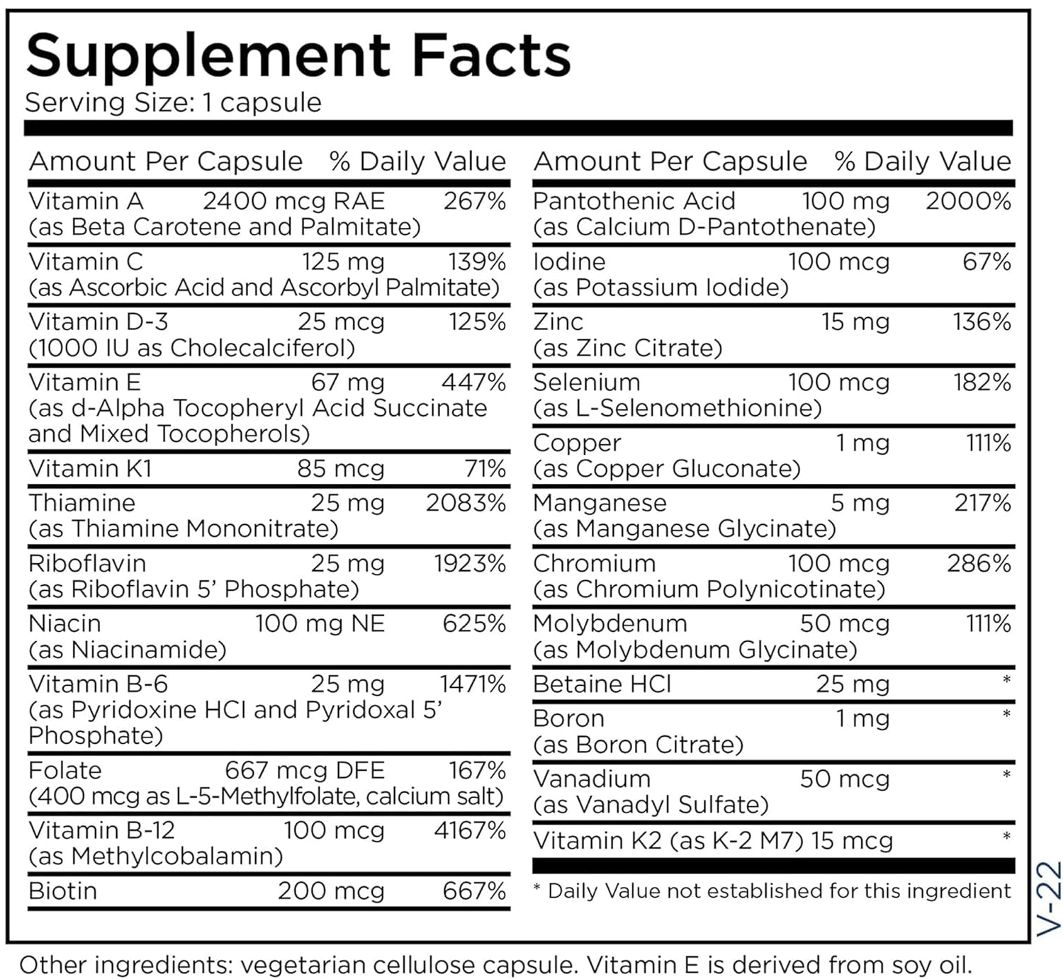 Metabolic Maintenance The Big One Plus without Iron Multivitamin Ingredients