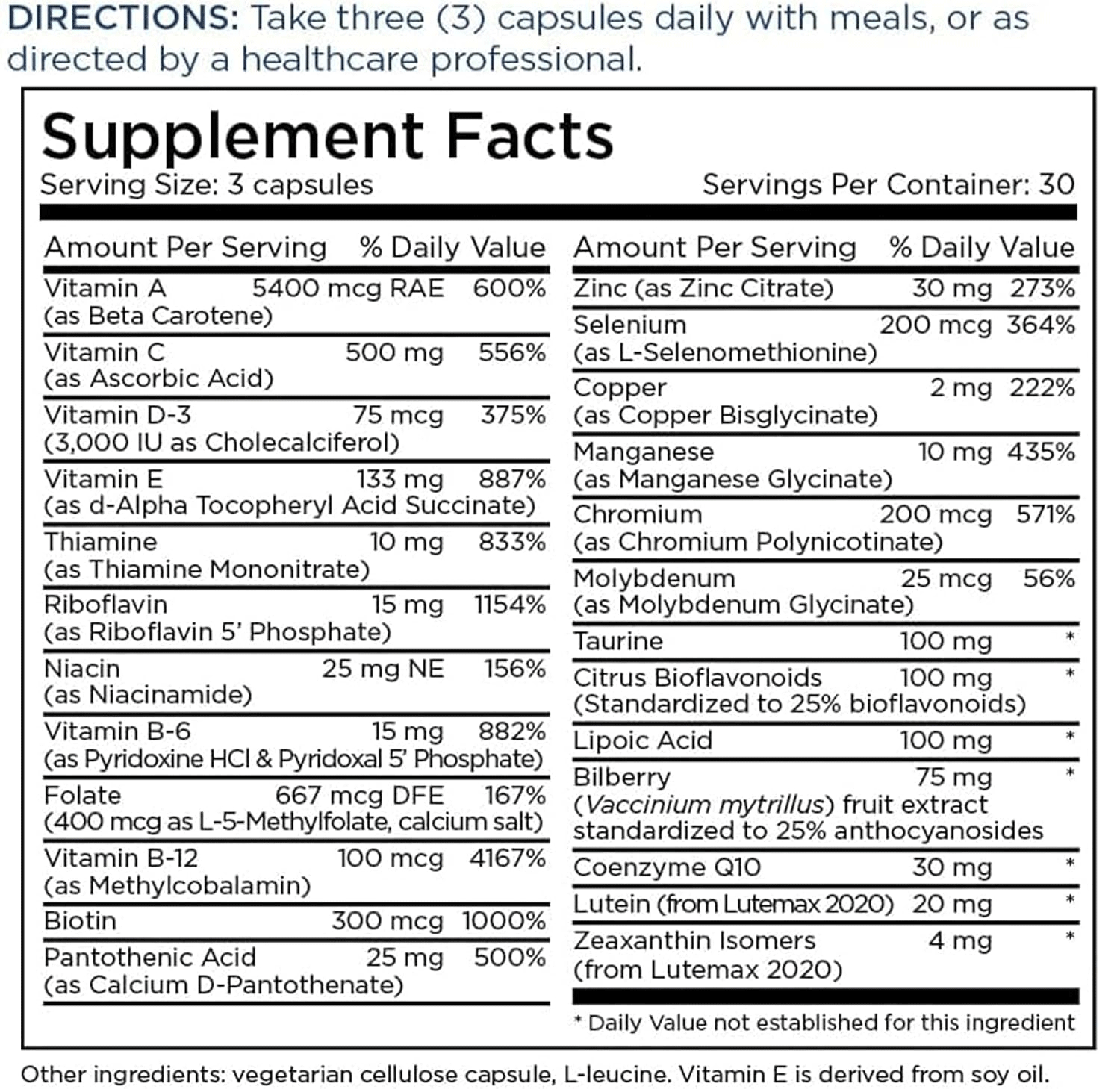 Metabolic Maintenance VitalEyes Complete Ingredients