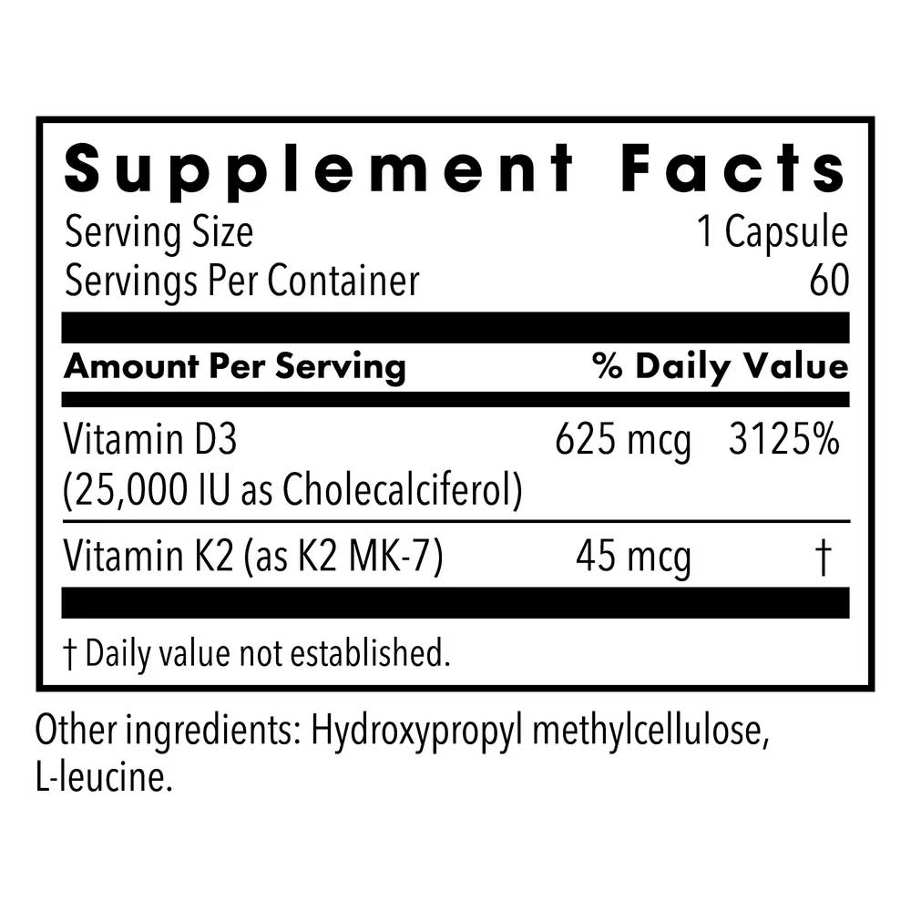 Allergy Research Group Vitamin D-3 25,000 IU with Vitamin K2 MK-7 (Formerly Metabolic Maintenance) Ingredients