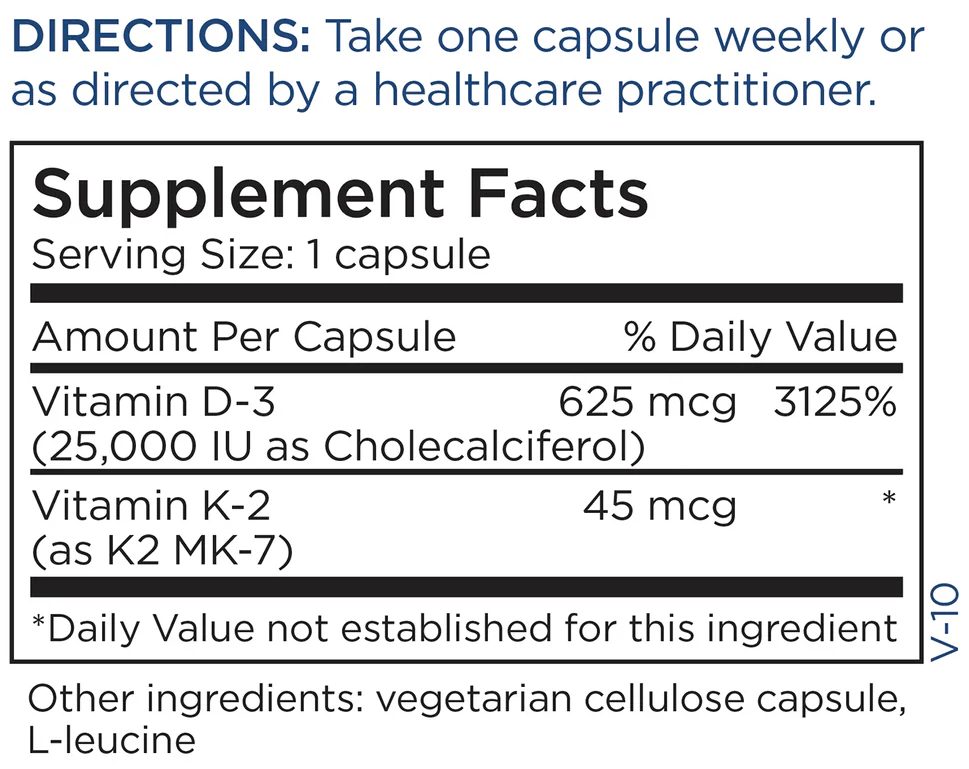 Metabolic Maintenance Vitamin D-3, 25,000 IU with Vitamin K2 MK-7 Ingredients
