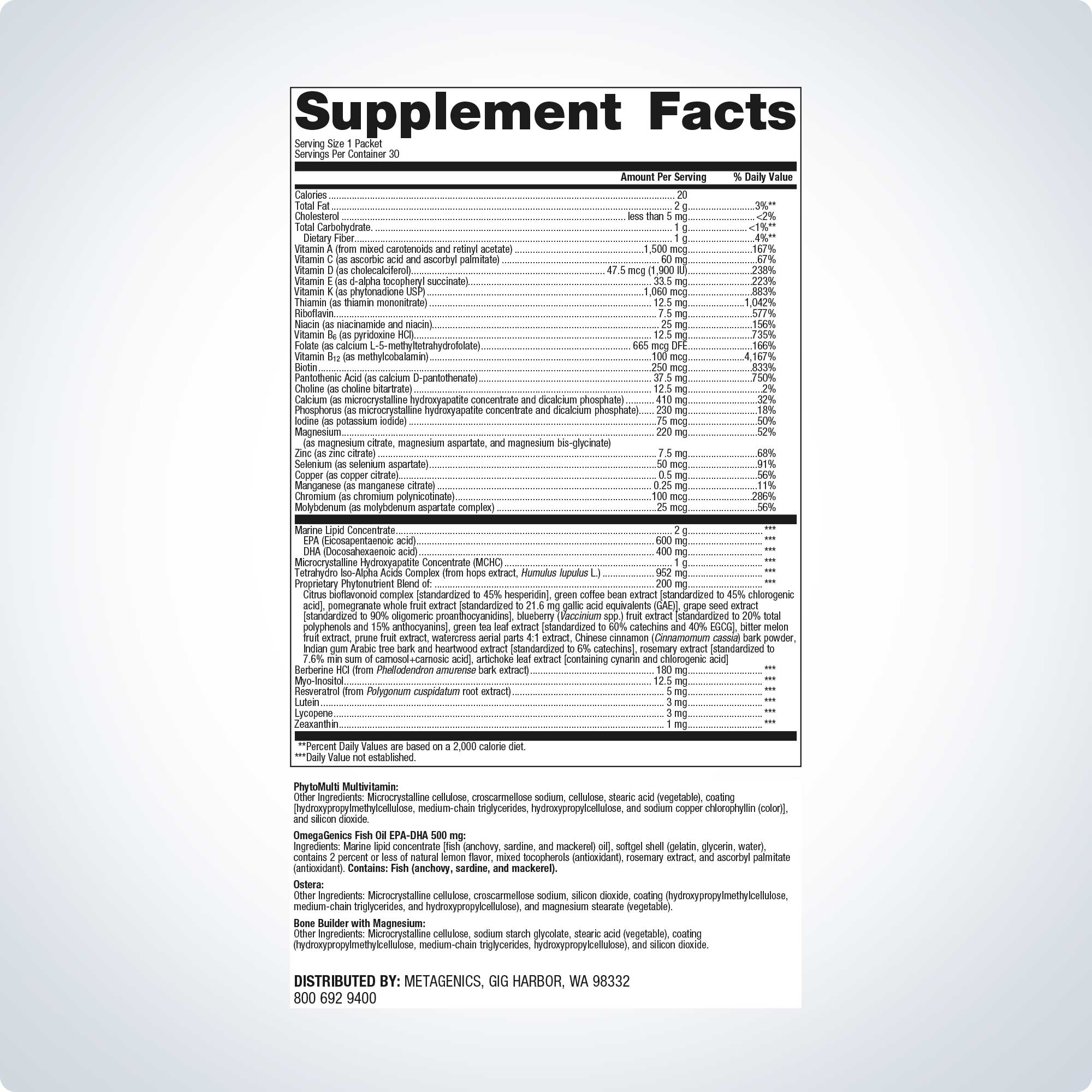 Metagenics Wellness Essentials Women's Prime Daily Packs Ingredients