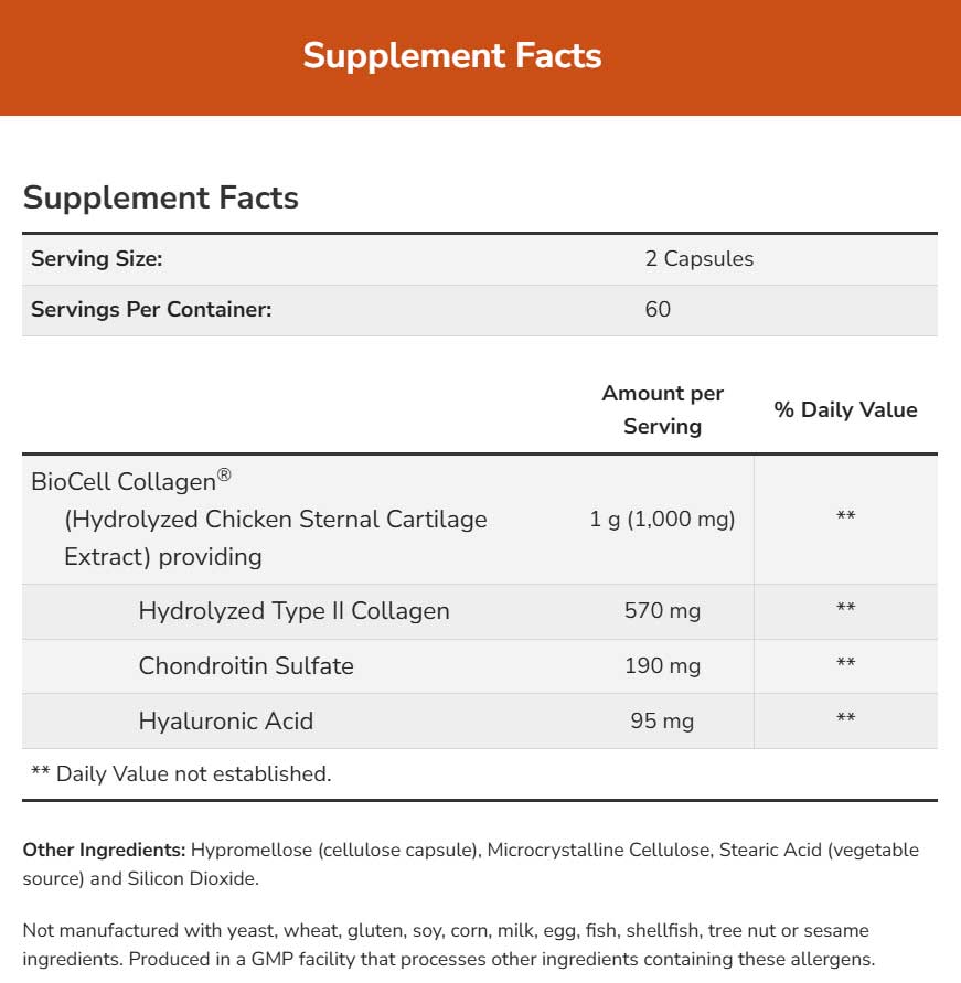 NOW BioCell Collagen Hydrolyzed Type II Ingredients