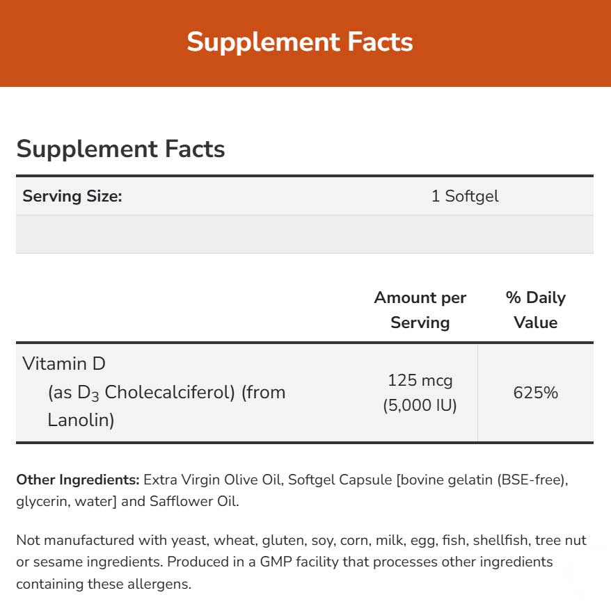 NOW Vitamin D3 5,000 IU High Potency Ingredients