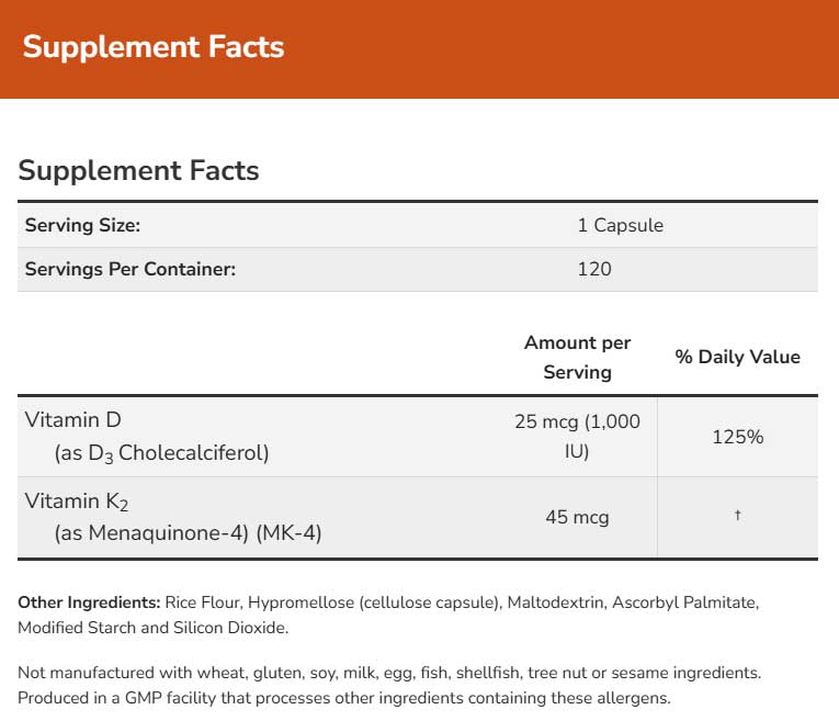 NOW Vitamin D-3 & K-2 45 mcg Ingredients