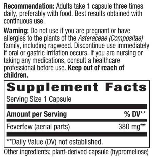 Nature's Way Feverfew Herb Ingredients