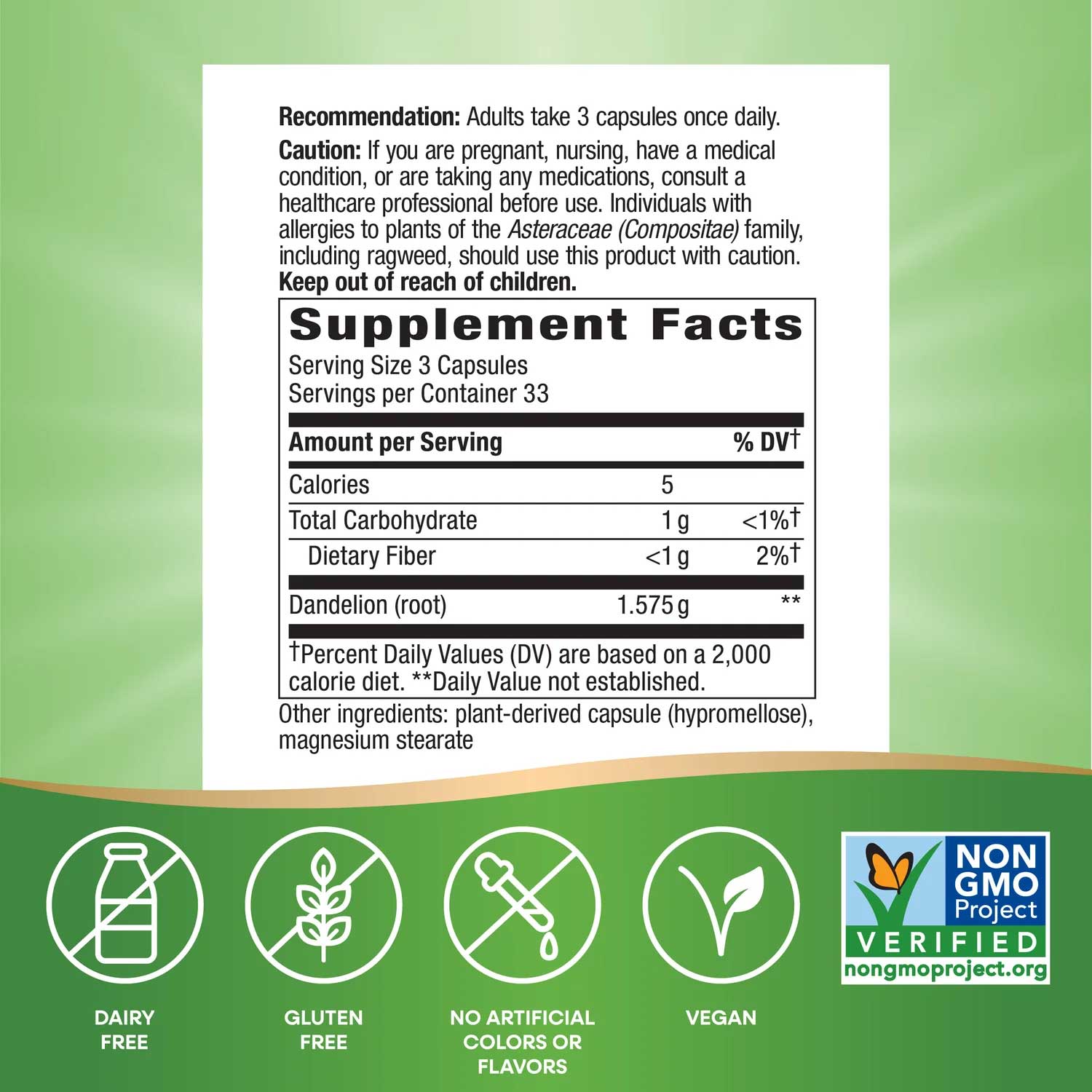 Nature's Way Dandelion Root Ingredients