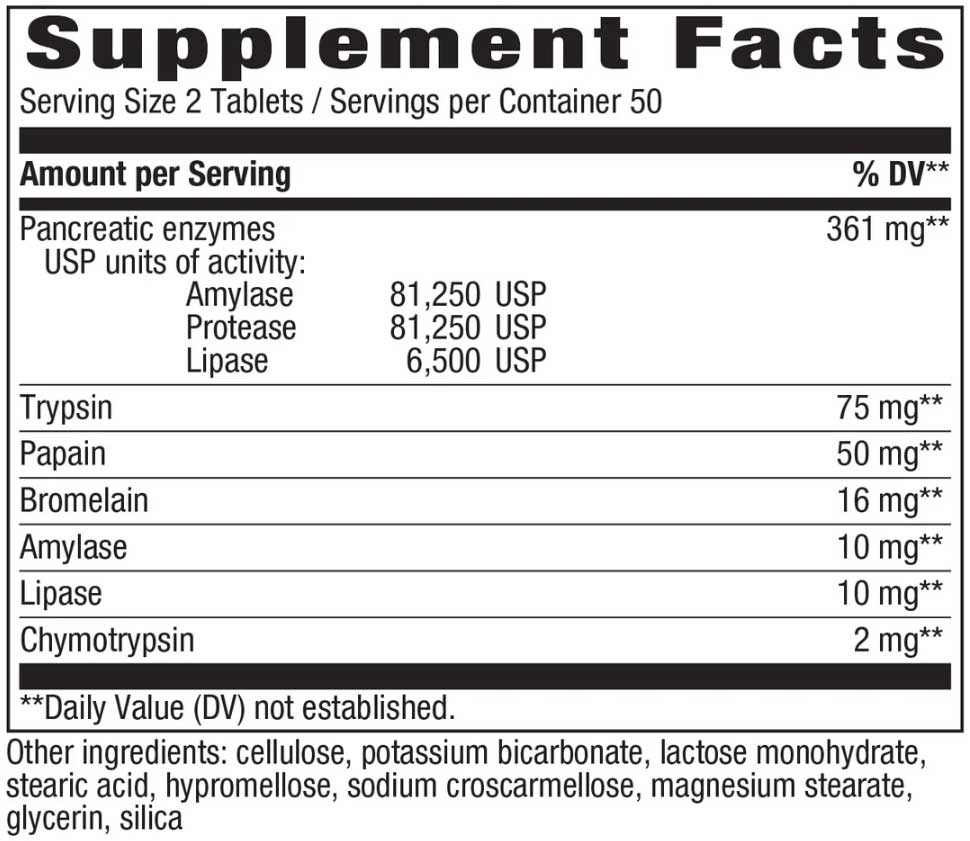 Nature's Way Mega-Zyme Pancreatic & Systemic Enzymes Ingredients