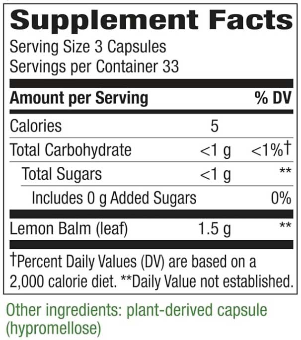 Nature's Way Melissa Lemon Balm Leaf Ingredients