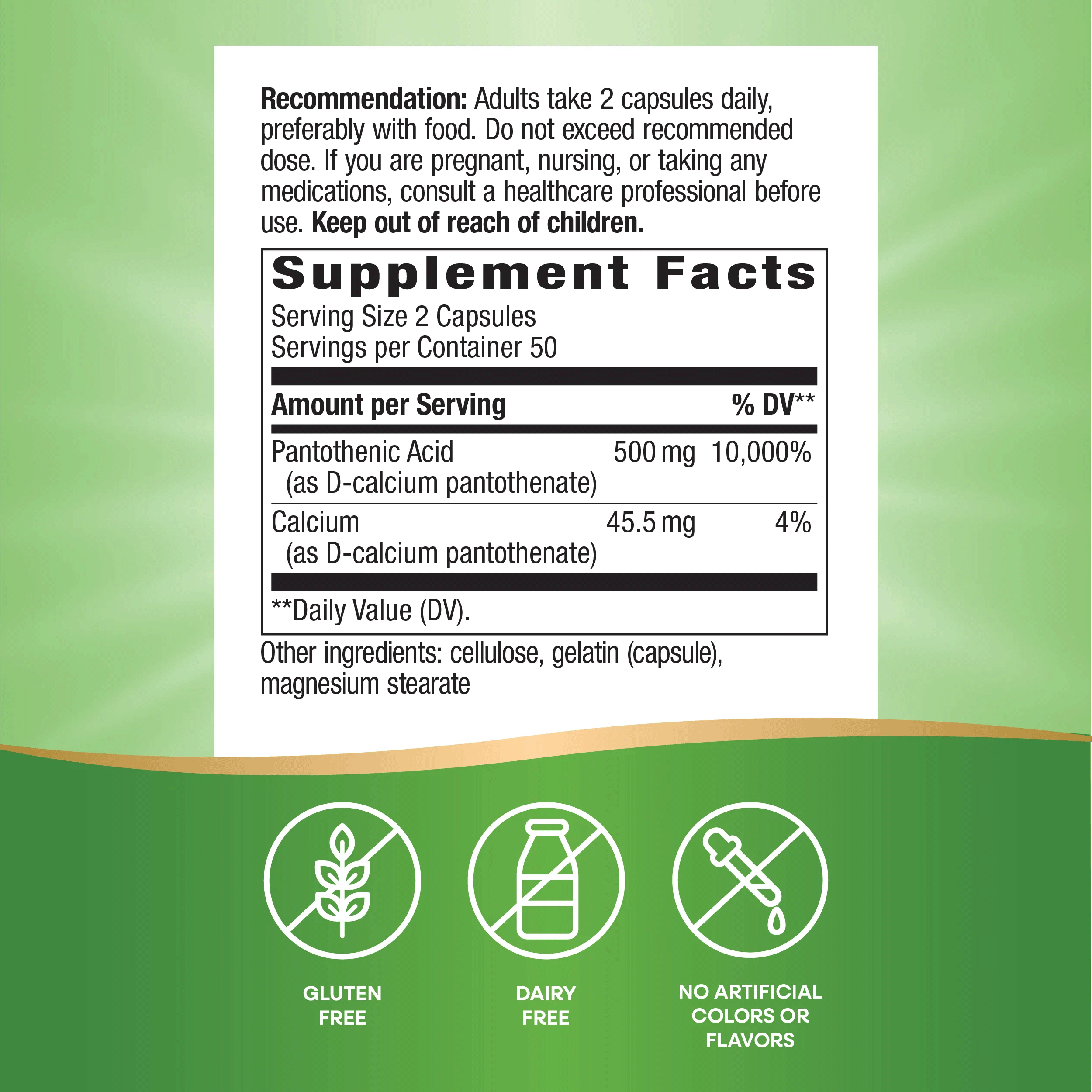 Nature's Way Pantothenic Acid Vitamin B5 Ingredients