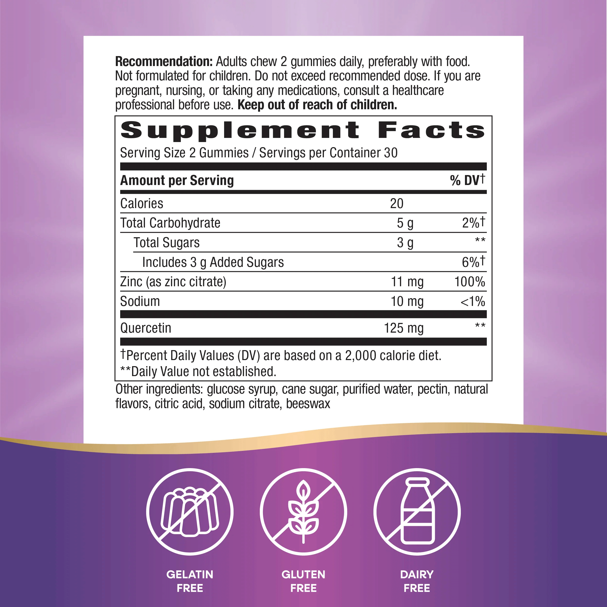 Nature's Way Quercetin Gummy with Zinc Ingredients