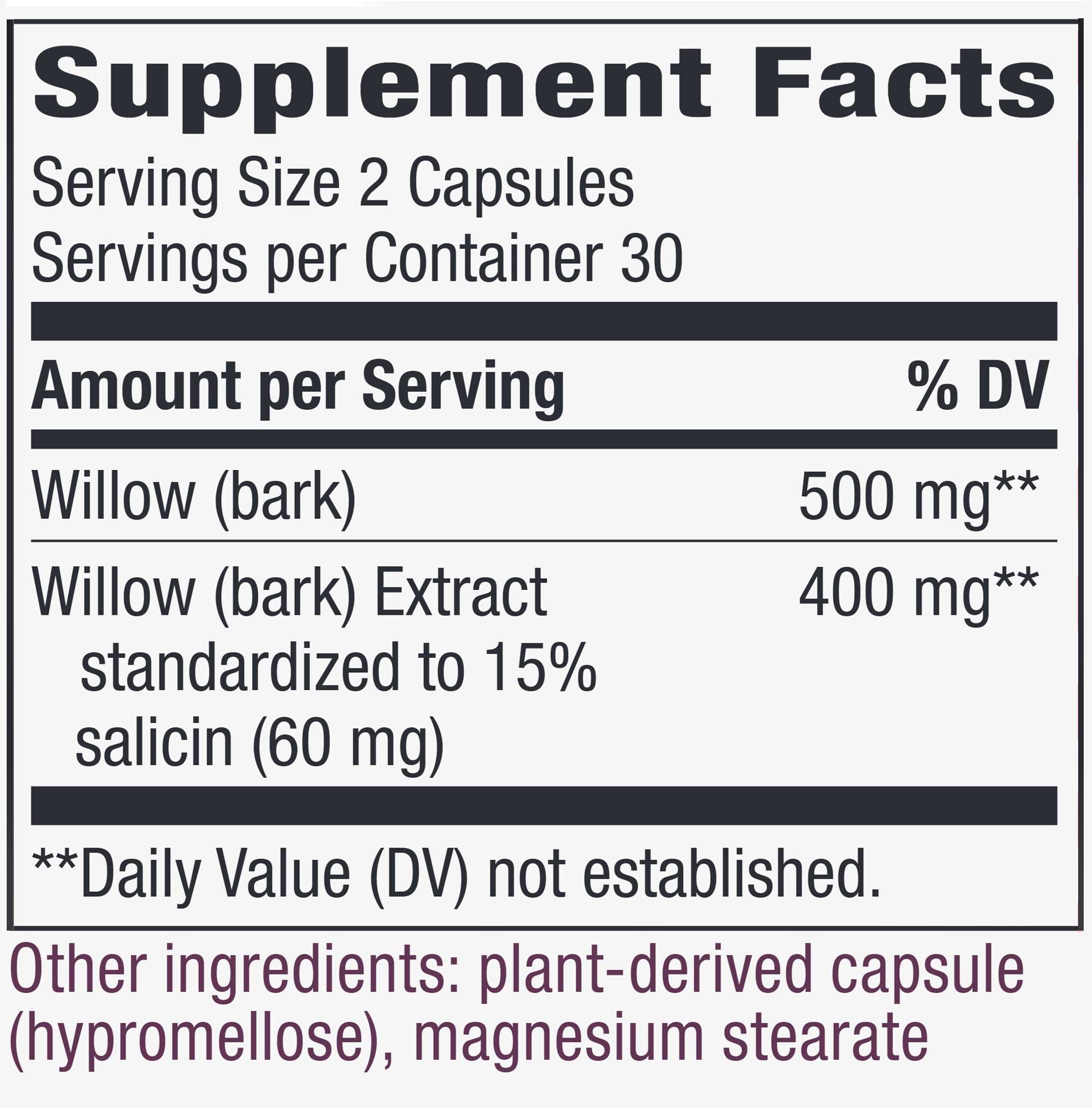 Nature's Way Willow Premium Extract (Standardized) Ingredients
