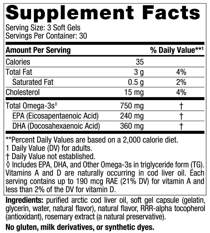Nordic Naturals Arctic Cod Liver Oil Softgels Ingredients