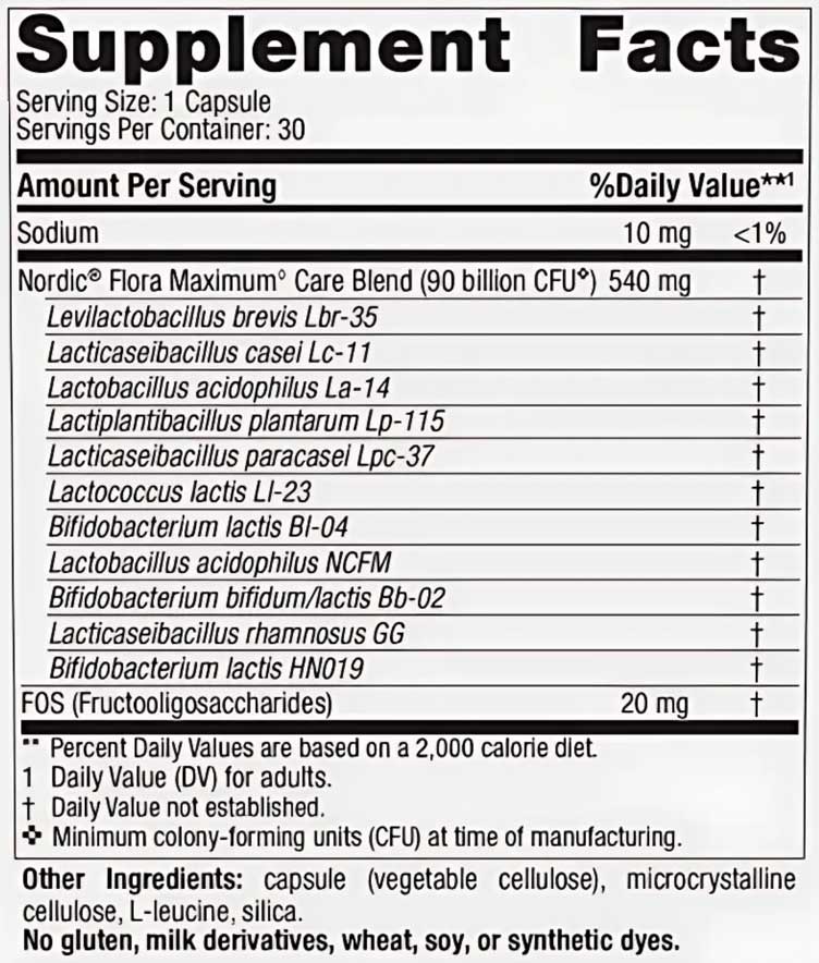 Nordic Naturals Nordic Flora Probiotic Maximum Care Ingredients