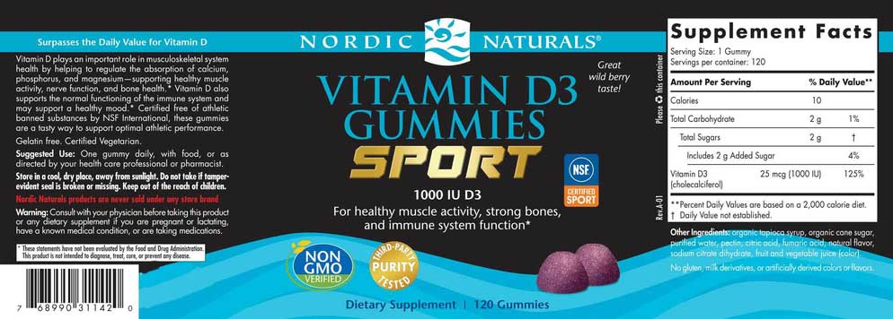 Nordic Naturals Vitamin D3 Gummies Sport Ingredients