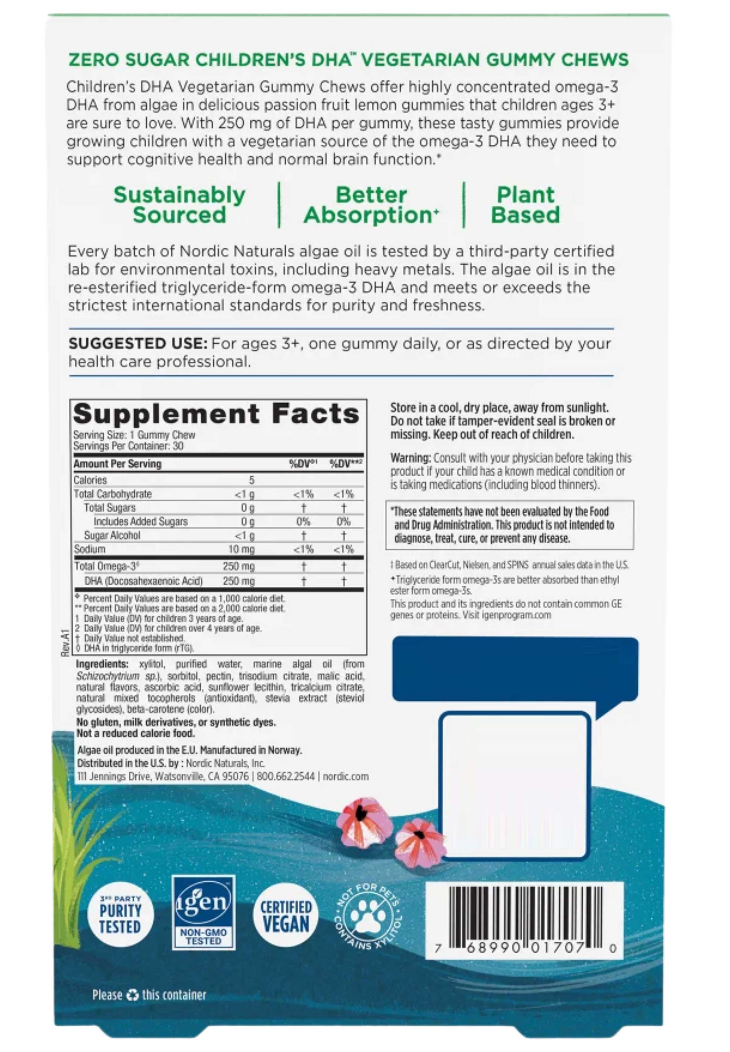 Nordic Naturals Zero Sugar Children's DHA™ Vegetarian Gummy Chews Label