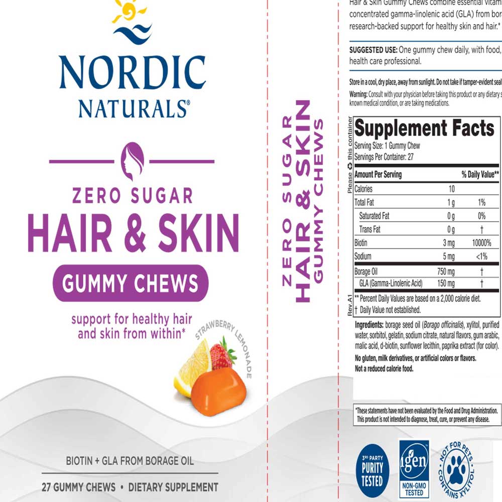 Nordic Naturals Zero Sugar Hair and Skin Gummy Chews Label