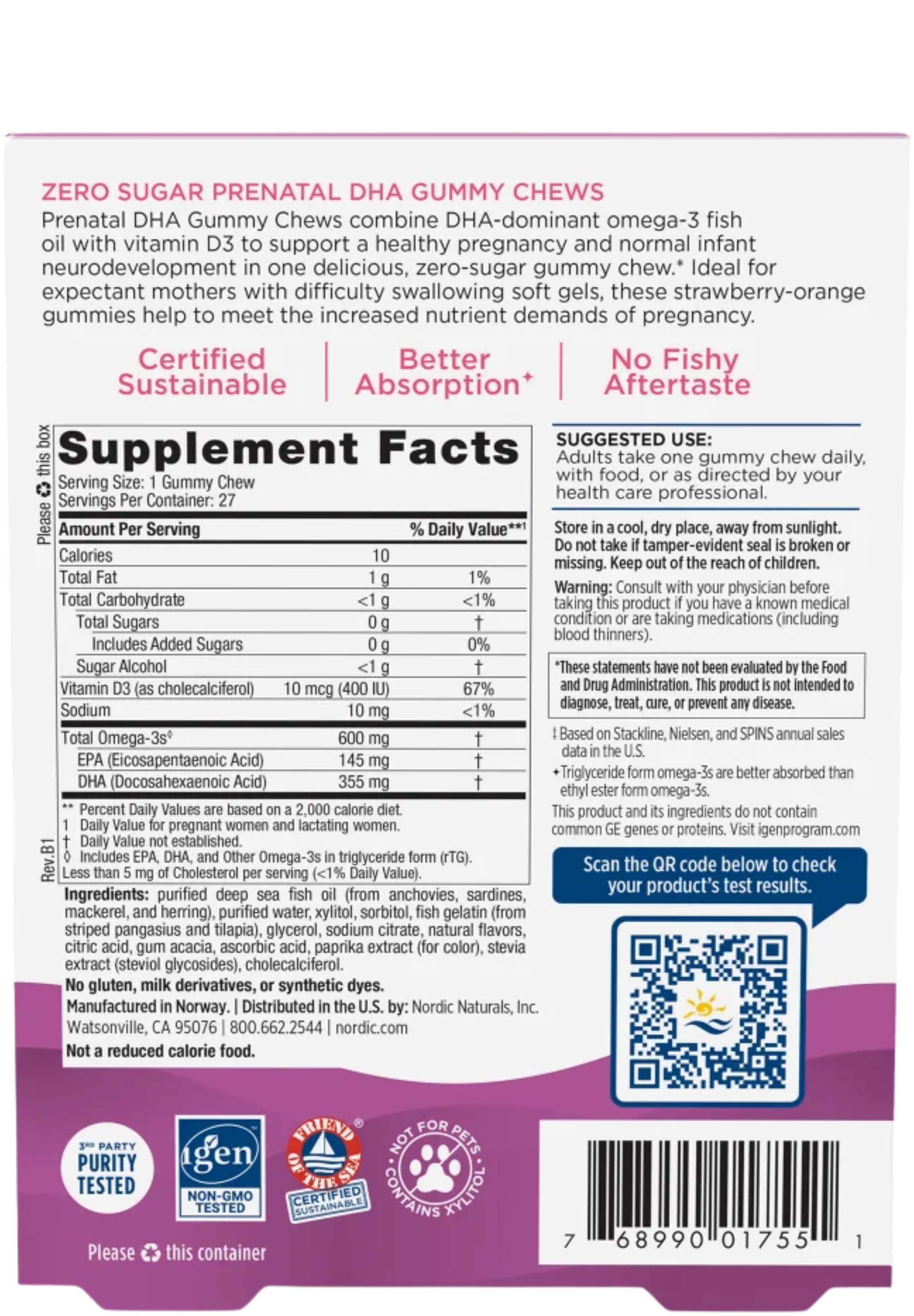 Nordic Naturals Zero Sugar Prenatal DHA Gummy Chews Ingredients