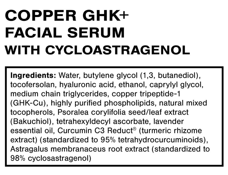 Quicksilver Scientific Copper GHK+ Facial Serum with Cycloastragenol Ingredients