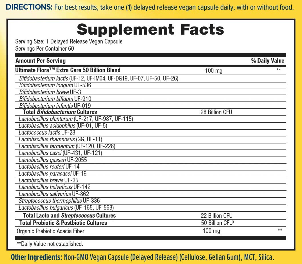 Renew Life Extra Care Ultimate Flora Pre & Probiotic 50 Billion CFU (Formerly Extra Care Digestive Probiotic) Ingredients