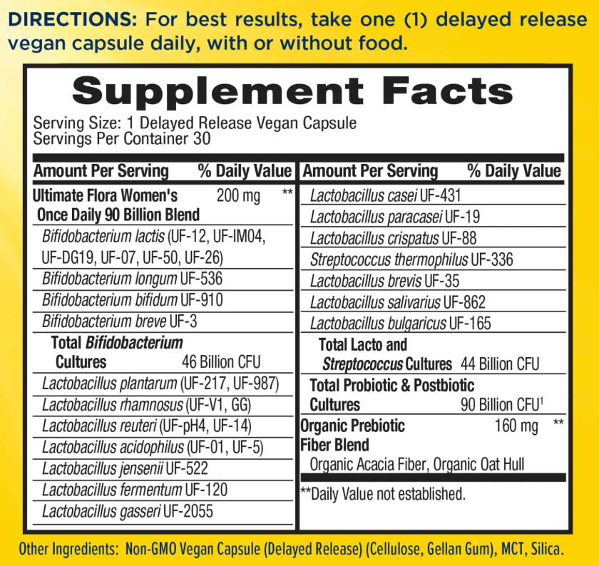 Renew Life Women's Once Daily Ultimate Flora Pre & Probiotic 90 Billion CFU Ingredients