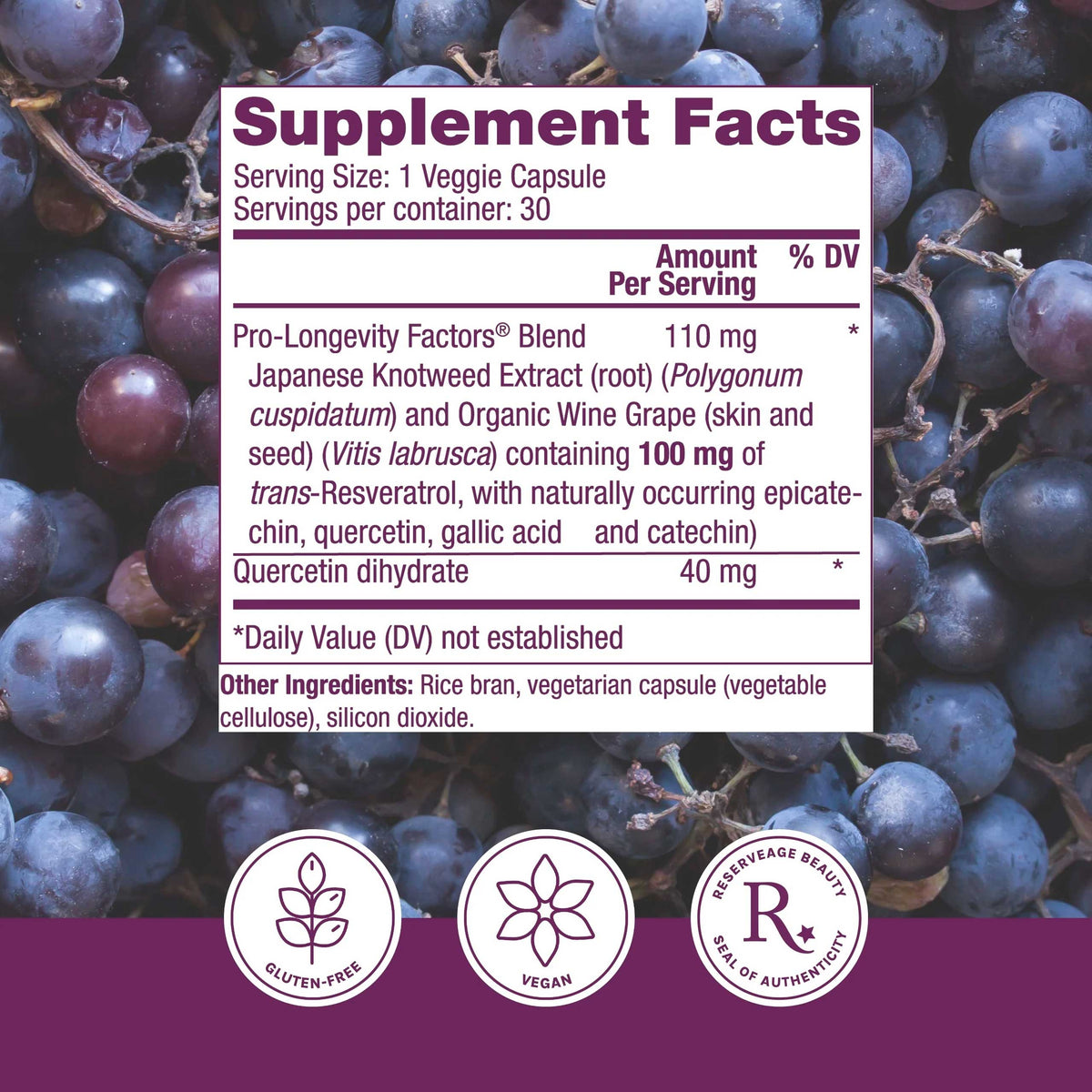 Reserveage Nutrition Resveratrol 100 mg Ingredients