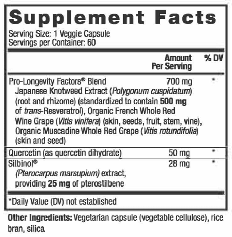 Reserveage Nutrition Resveratrol With Pterostilbene 500mg Ingredients