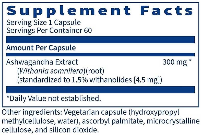 SFI HEALTH (Klaire Labs) Ashwagandha Extract Ingredients