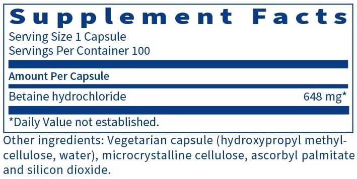 SFI HEALTH (Klaire Labs) Betaine HCl Ingredients