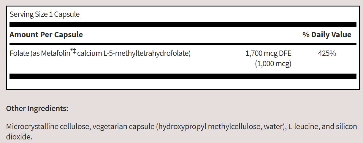 SFI HEALTH (Klaire Labs) L-Methylfolate Ingredients