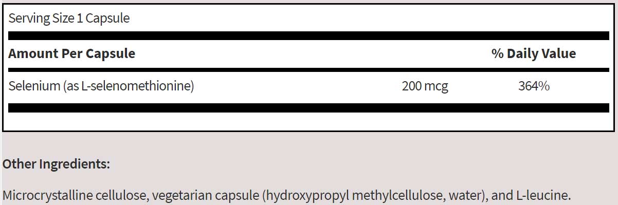 SFI HEALTH (Klaire Labs) Seleno Met Ingredients