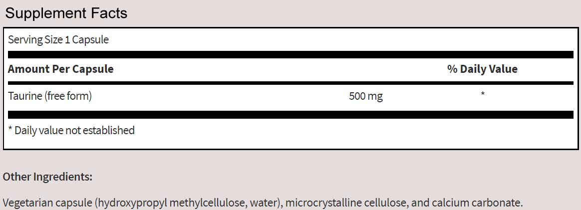 SFI HEALTH (Klaire Labs) Taurine 500 mg Ingredients