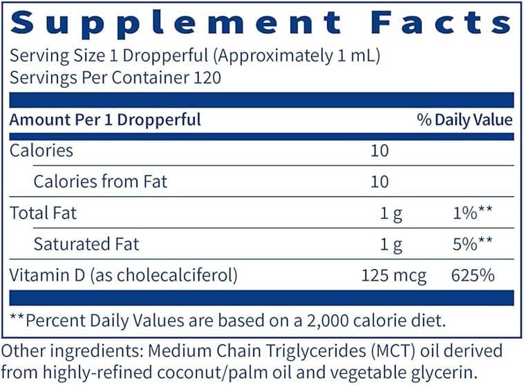 SFI HEALTH (Klaire Labs) Vitamin D3 (5,000 IU) Liquid Ingredients