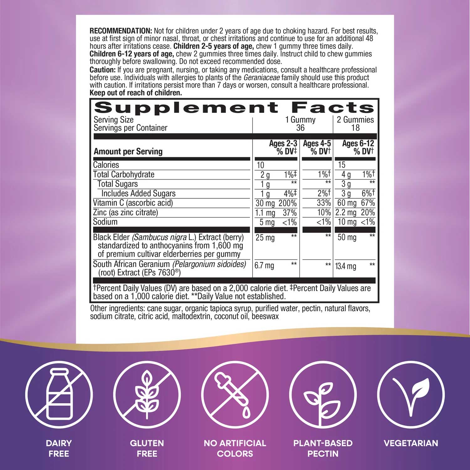 Nature's Way Sambucus Cough Relief + Immune Elderberry Gummy For Kids Ingredients