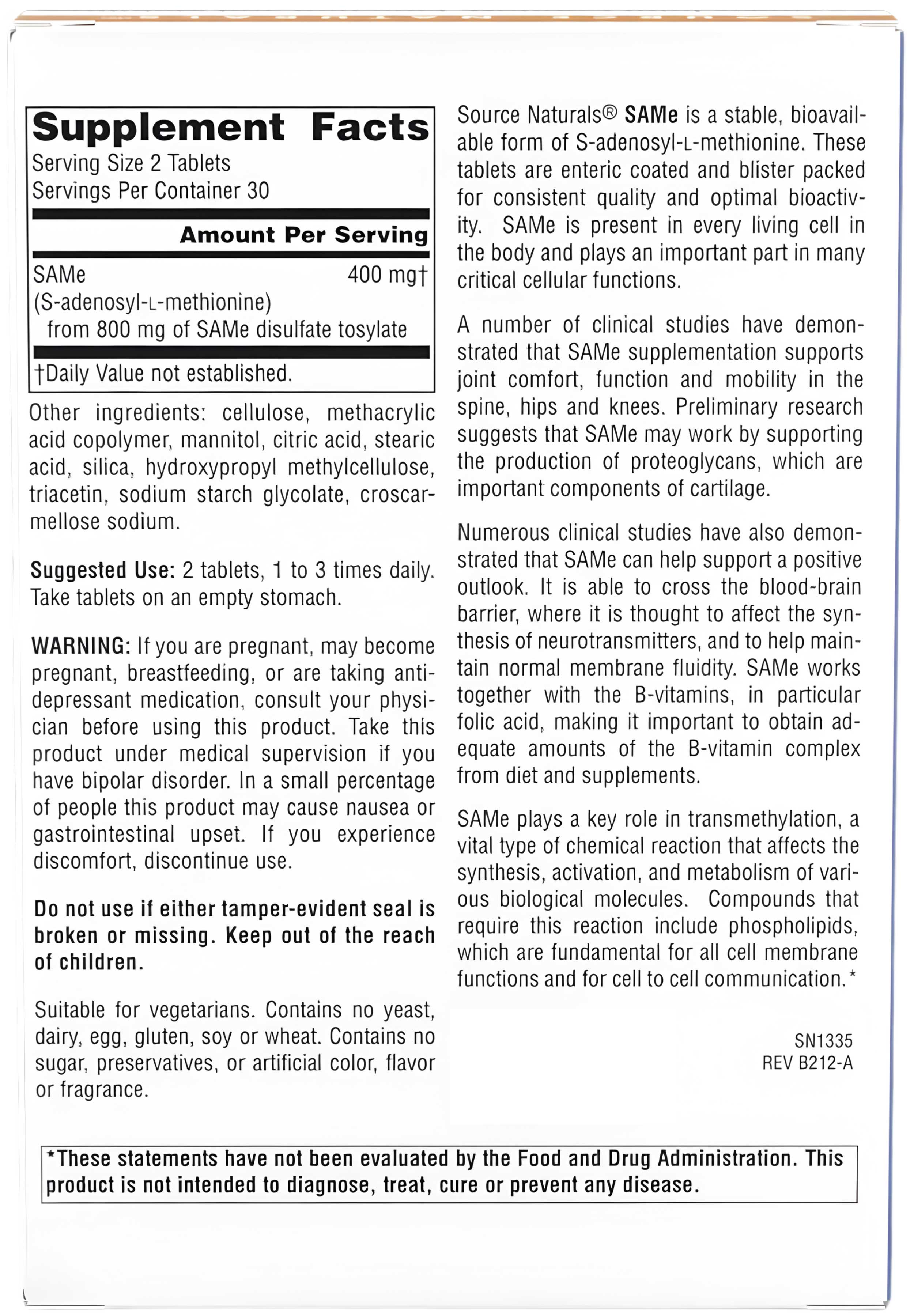 Source Naturals SAMe 200 mg Ingredients
