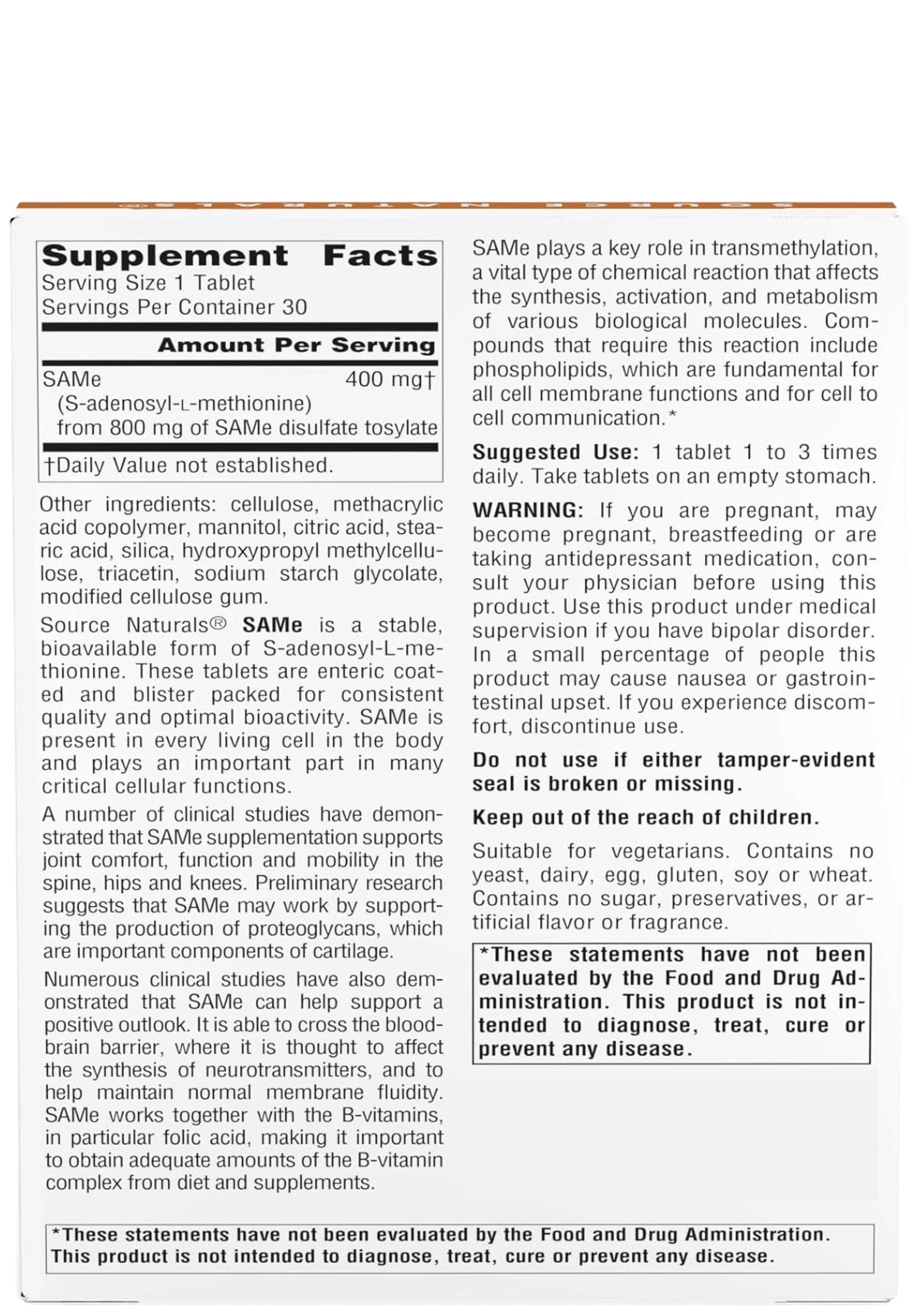 Source Naturals SAMe 400 mg Ingredients