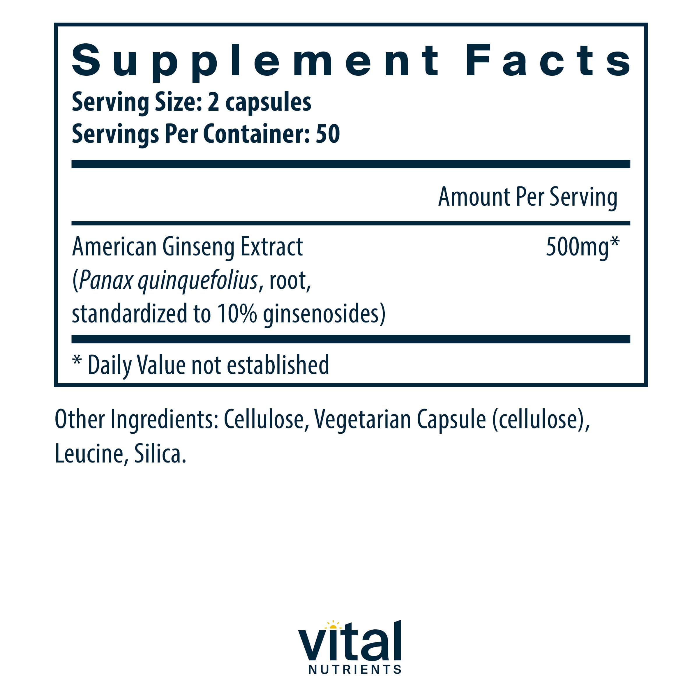 Vital Nutrients American Ginseng Extract 250 mg Ingredients