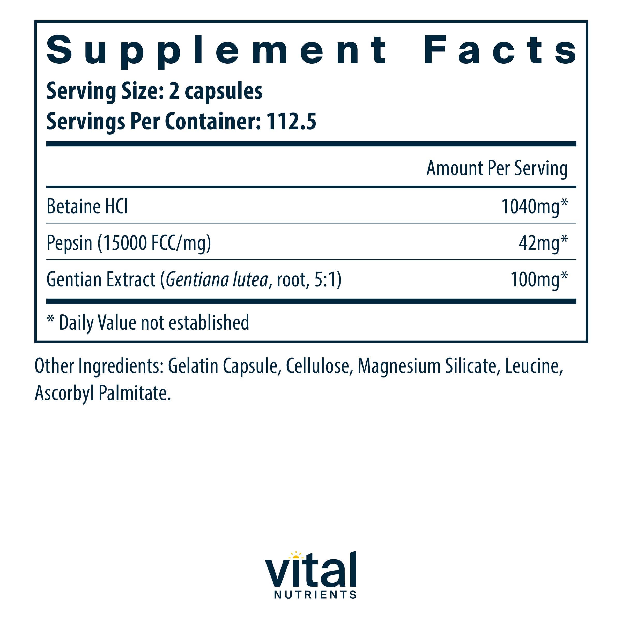 Vital Nutrients Betaine HCI Pepsin Gentian Root Extract Ingredients