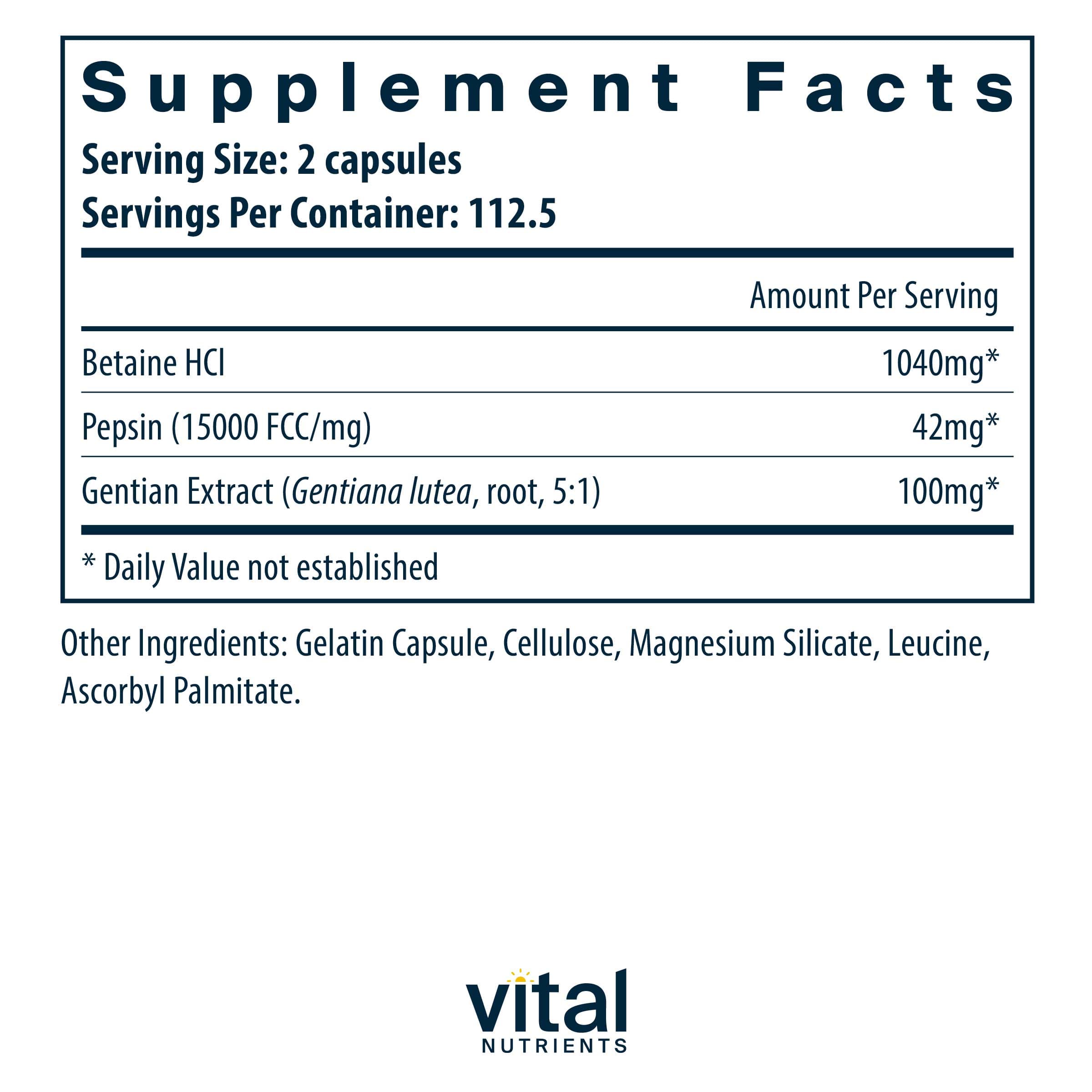 Vital Nutrients Betaine HCL Pepsin Gentian Root Extract Ingredients
