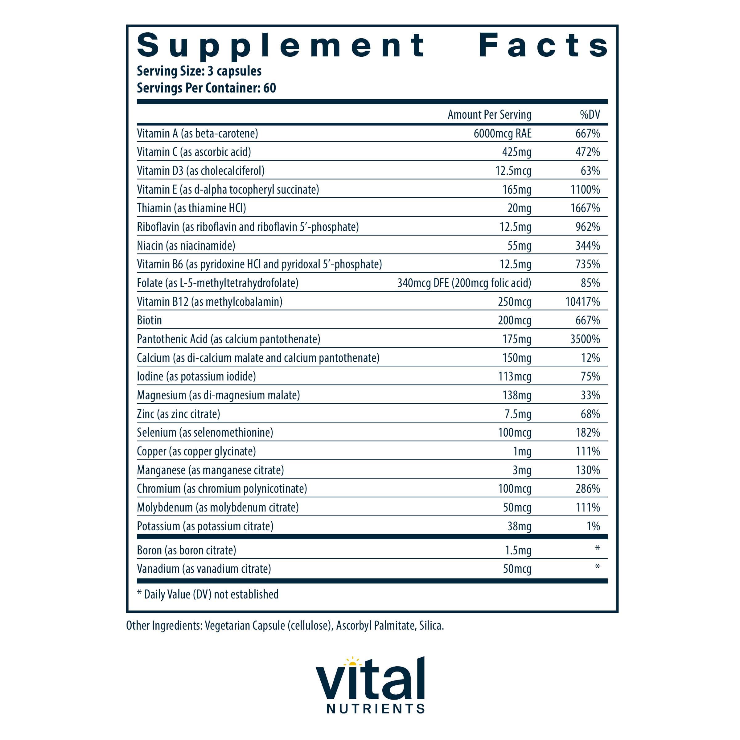 Vital Nutrients Multi-Nutrients Citrate/Malate with Copper, without Iron (Formerly Multi-Nutrients 2) Ingredients