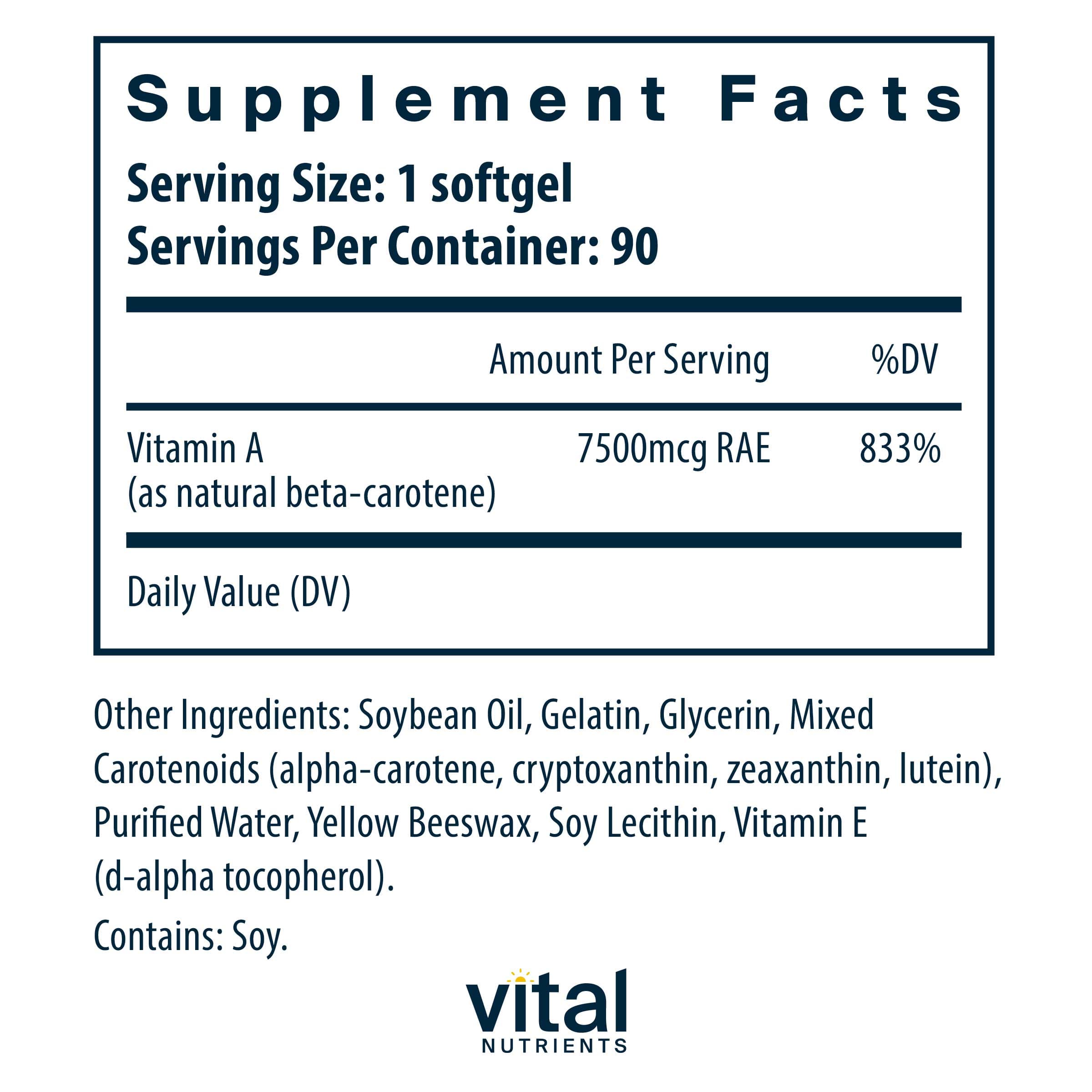 Vital Nutrients Natural Beta Carotene 25000IU Ingredients