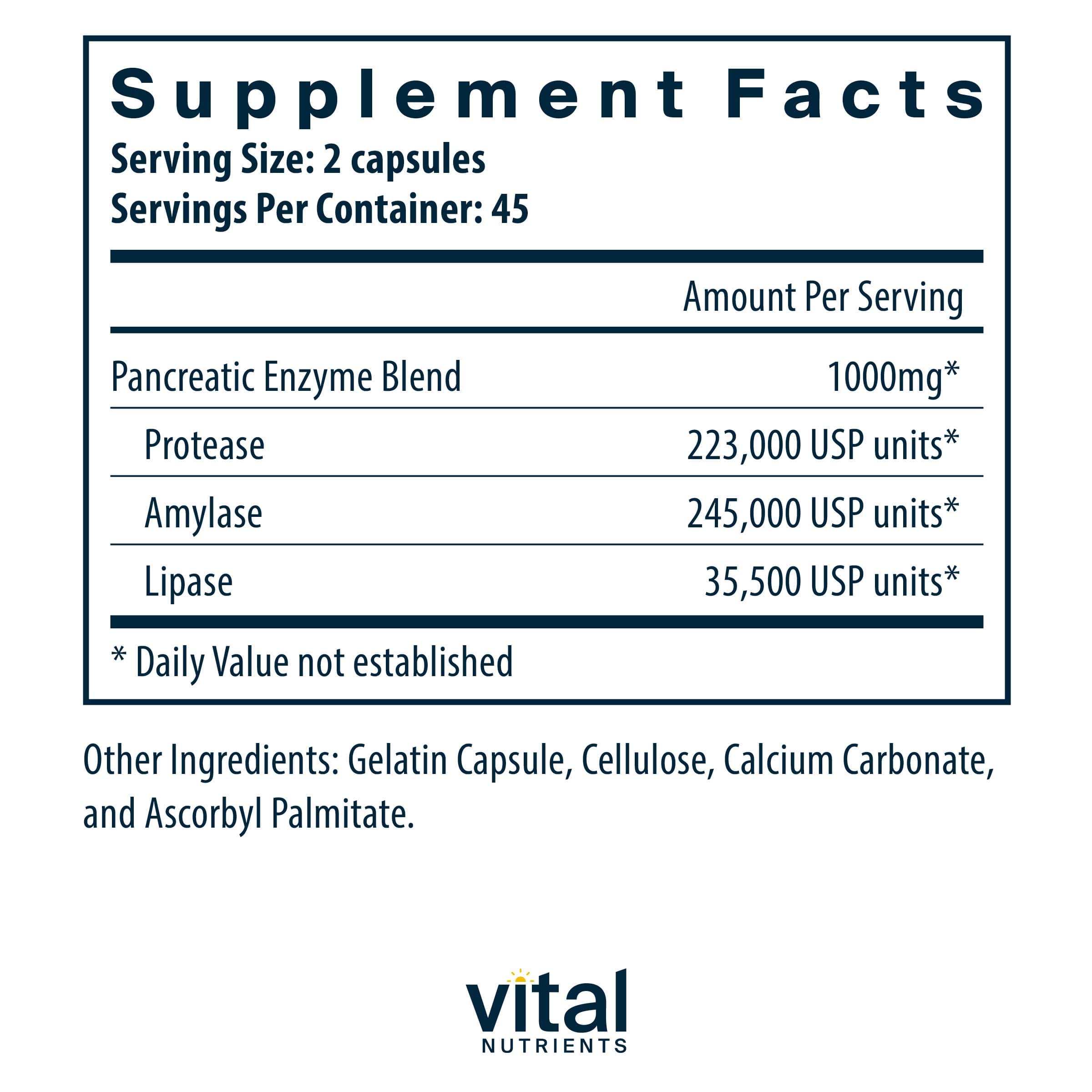 Vital Nutrients Pancreatic Enzymes 1000 mg Ingredients