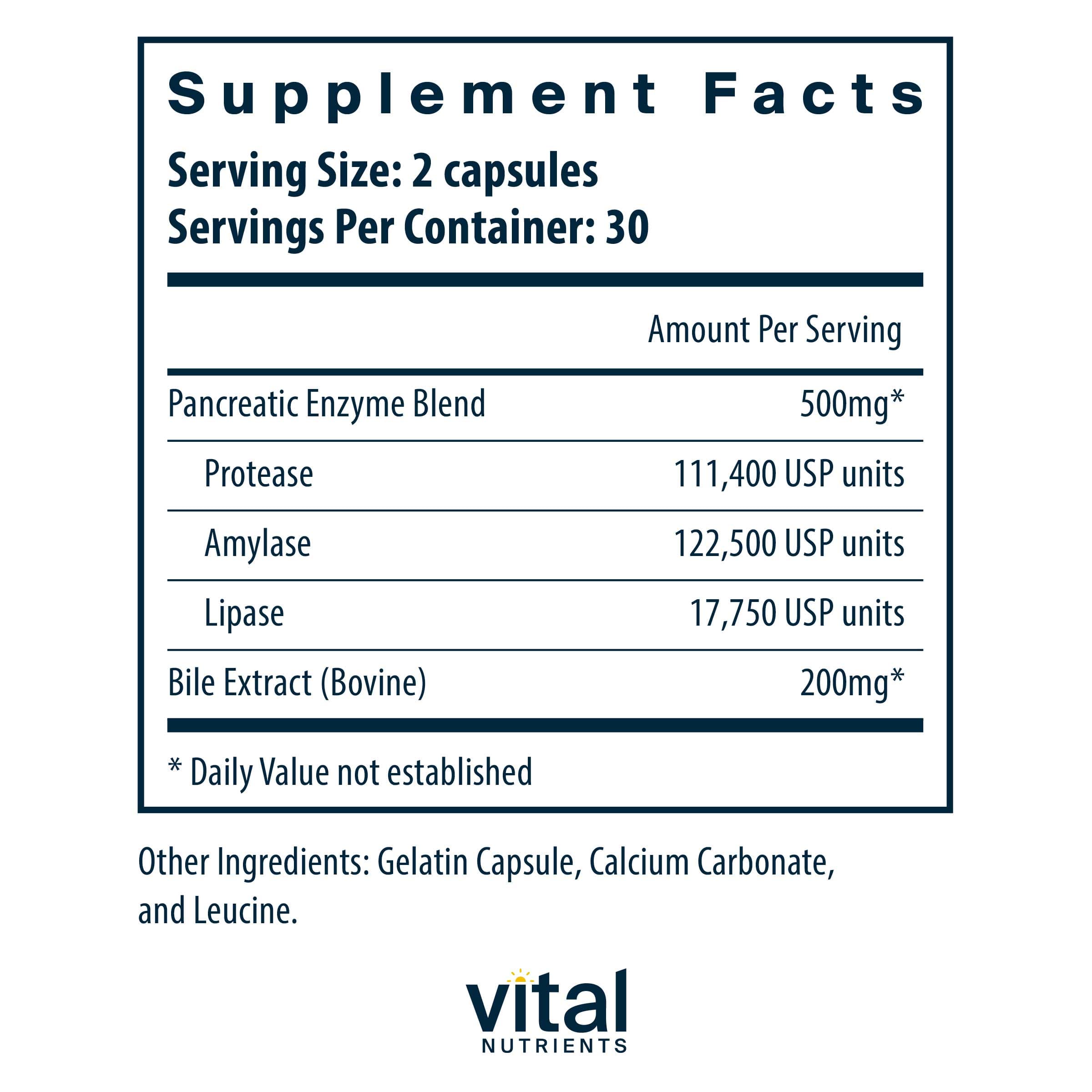 Vital Nutrients Pancreatin & Ox Bile Extract Ingredients