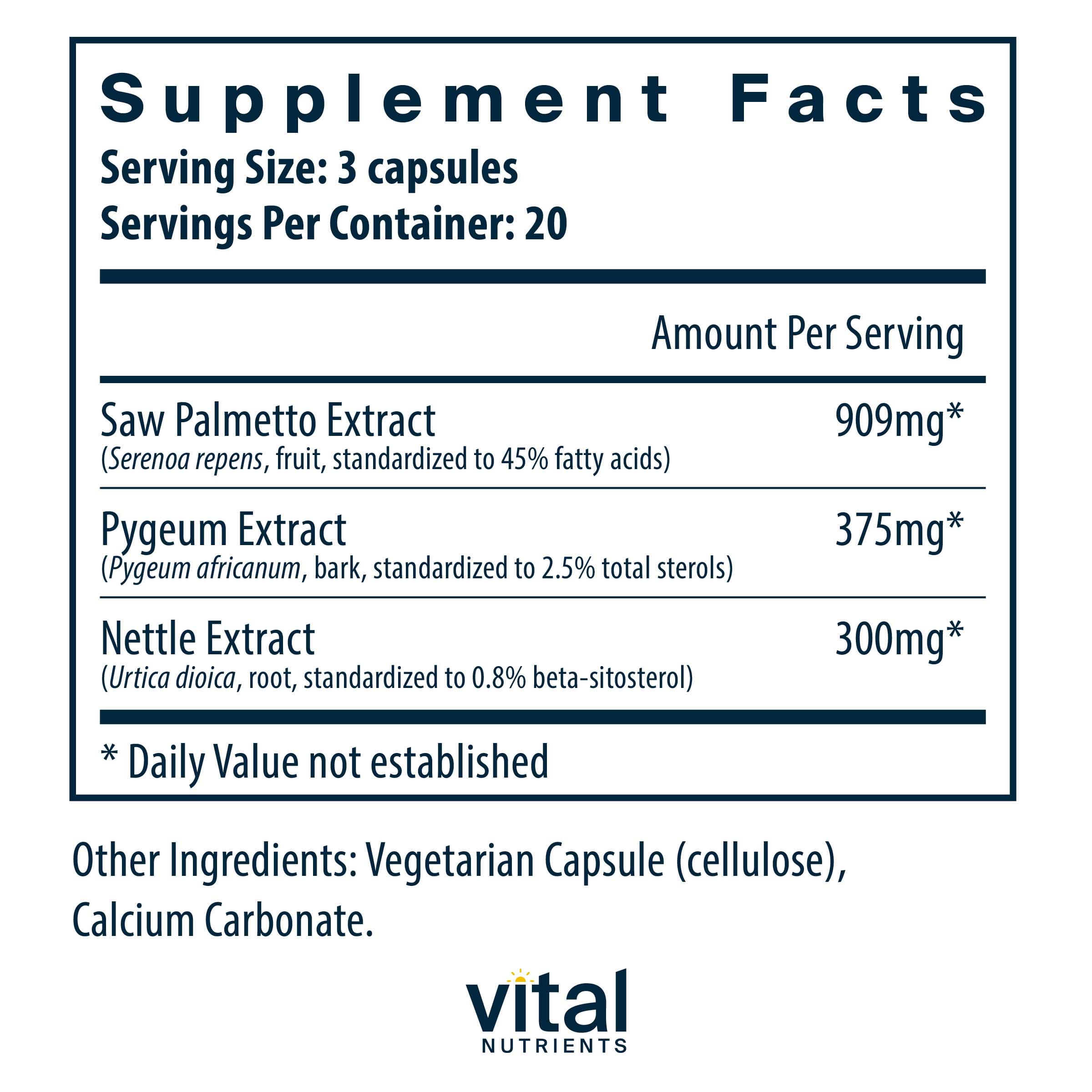 Vital Nutrients Saw Palmetto Pygeum Nettle Root Ingredients