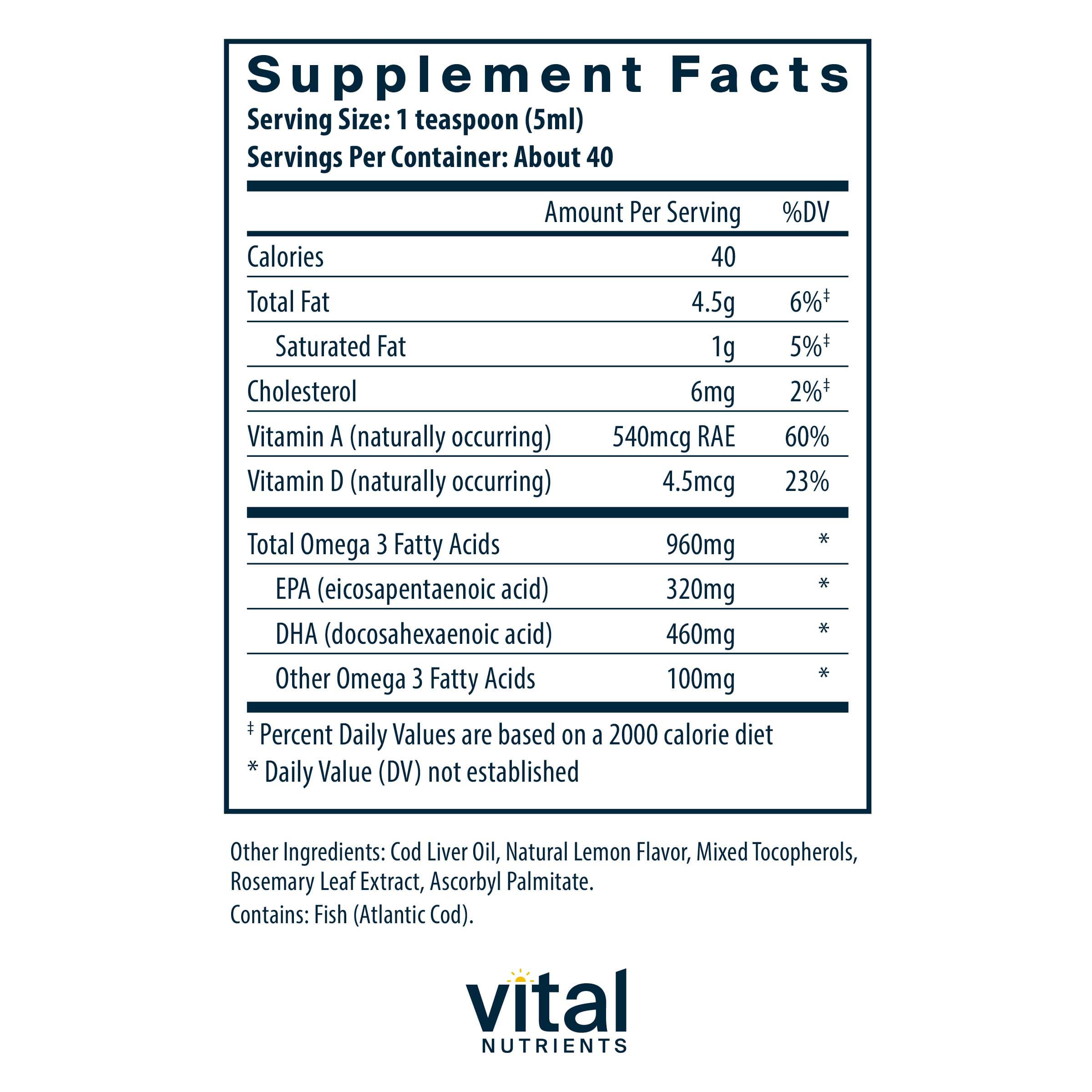 Vital Nutrients Ultra Pure® Cod Liver Oil 1025 Ingredients