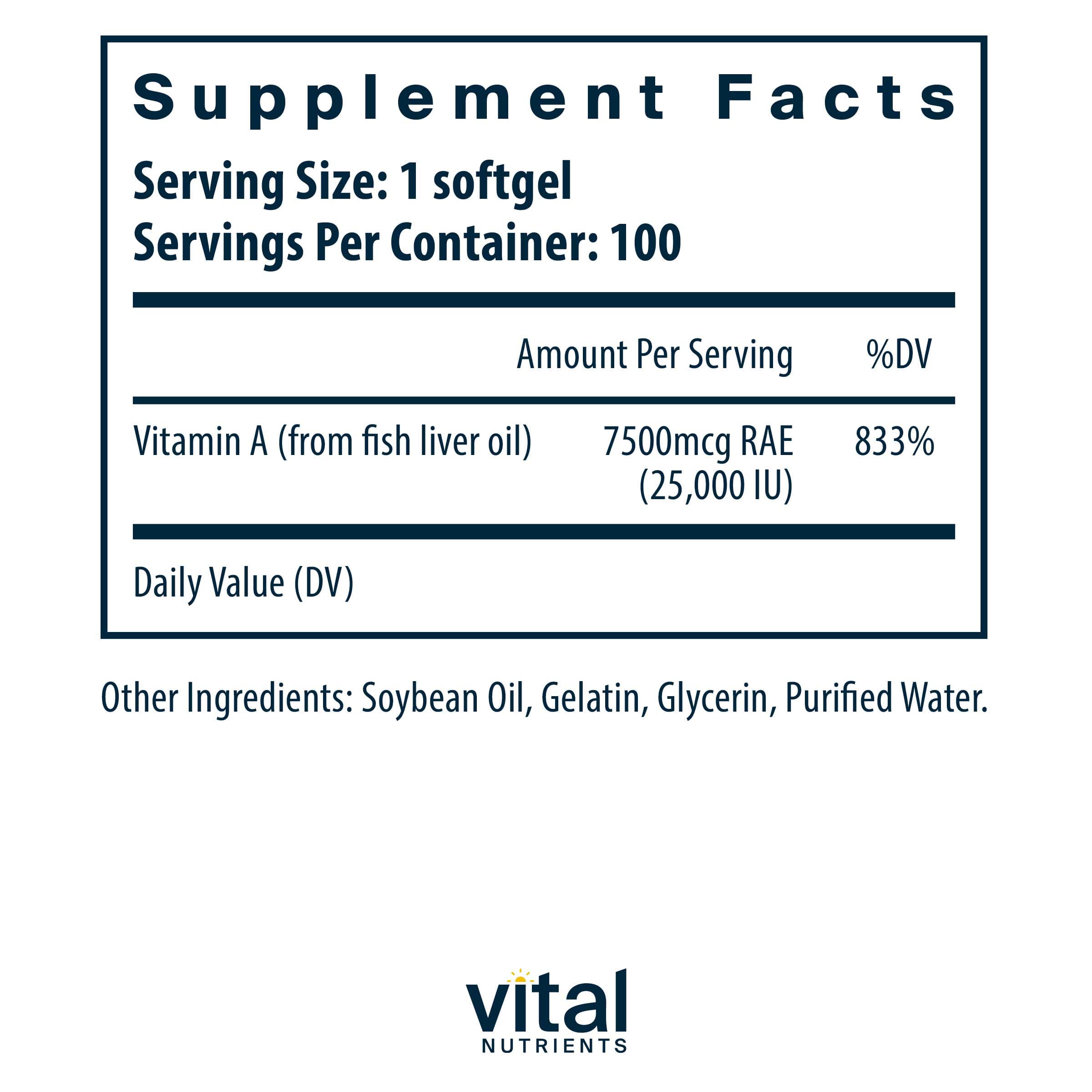 Vital Nutrients Vitamin A 7500mcg RAE Ingredients
