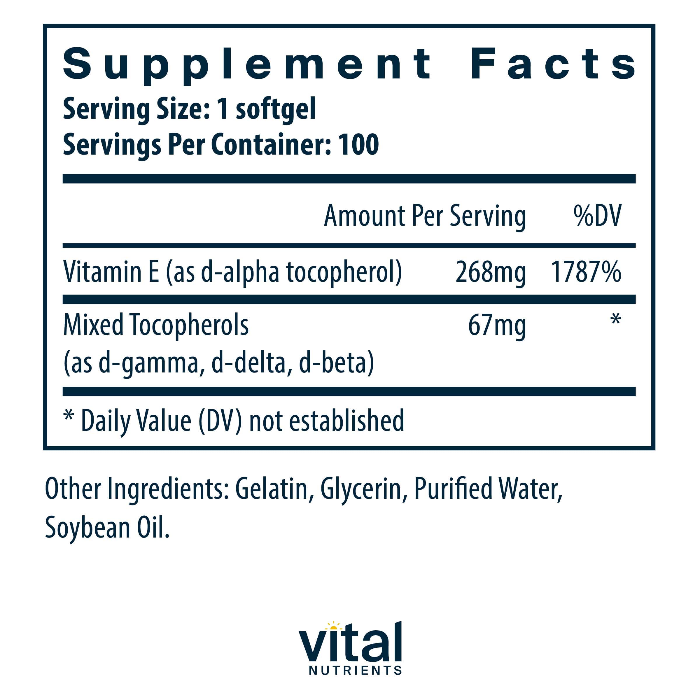 Vital Nutrients Vitamin E 400 IU (with mixed tocopherols) Ingredients